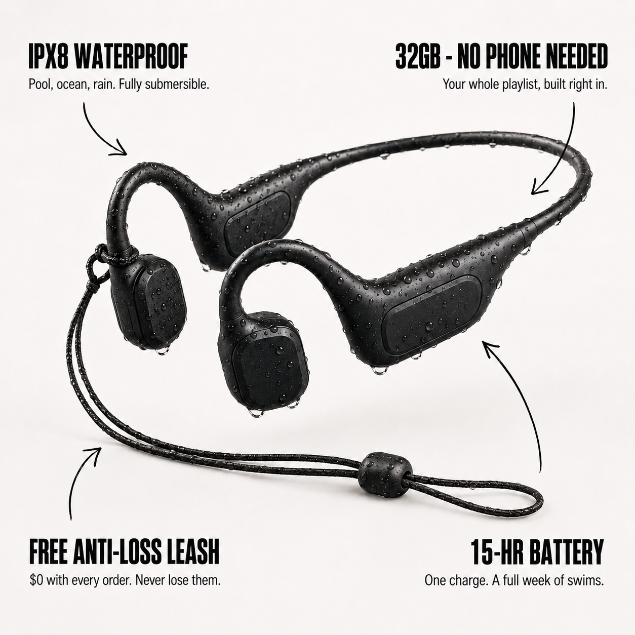 Glyde E8 Pro — Open-Ear Bone Conduction Swimming Headphones